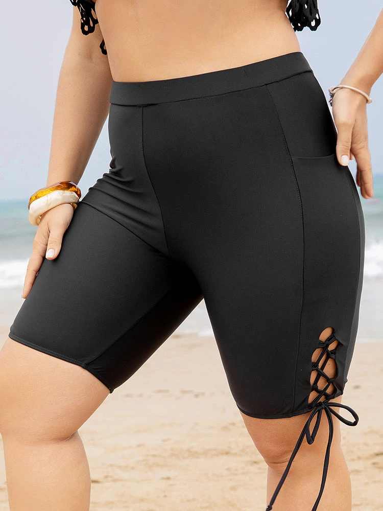 Pocket High Waist Lace Up Side Swim Shorts 6 Pocket High Waist Lace Up Side Swim Shorts - Image 4