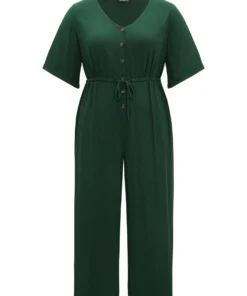 Plain Textured V Neck Pocket Button Through Drawstring Jumpsuit -Clothing Shop 388180811 rv