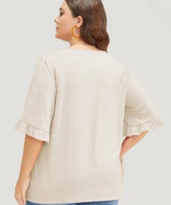 Solid Gathered Ruffle Trim Flounce Sleeve T-shirt -Clothing Shop 388306908 pm f0cd853d 2313 4e5e a9bb 22ff7828588b