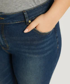 Plain Roll Hem Medium Wash Full Length Jeans -Clothing Shop 388424769 qu