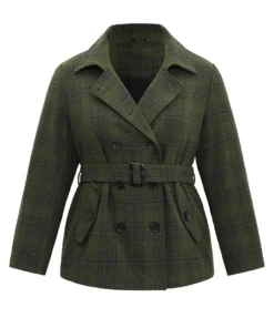 Plaid Lapel Collar Double Breasted Belted Woolen Coat -Clothing Shop 388965012 vw