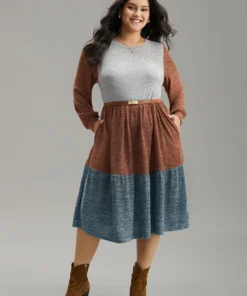 Colorblock Patchwork Pocket Gathered Dress