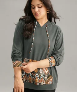 Bandana Patchwork Hooded Pocket Drawstring Sweatshirt