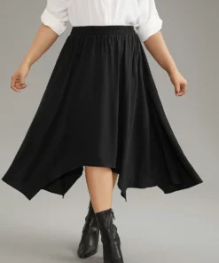 Solid Rayon Elastic Waist Pocket Hanky Hem Skirt -Clothing Shop 390430419 ib