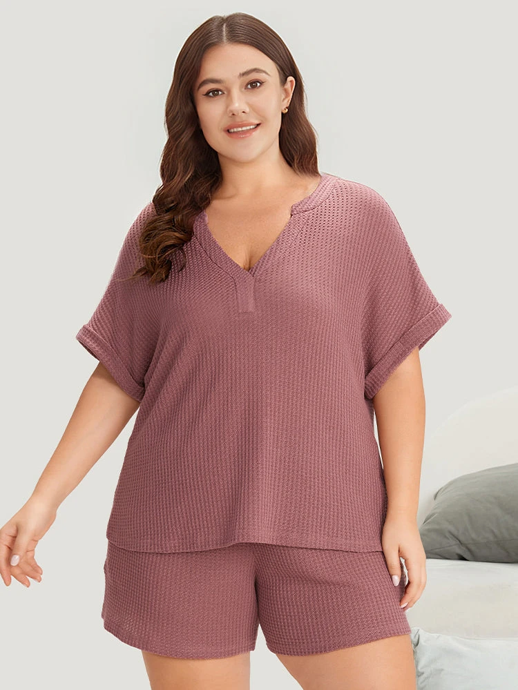 Waffle Knit Notched Roll Batwing Sleeve Sleep Top 3 Waffle Knit Notched Roll Batwing Sleeve Sleep Top