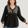 Floral Embroidered Knot Neck Lantern Sleeve T-shirt -Clothing Shop 391435060 uy c570c131 da4b 4d6a 80bd ffb34494cbb7