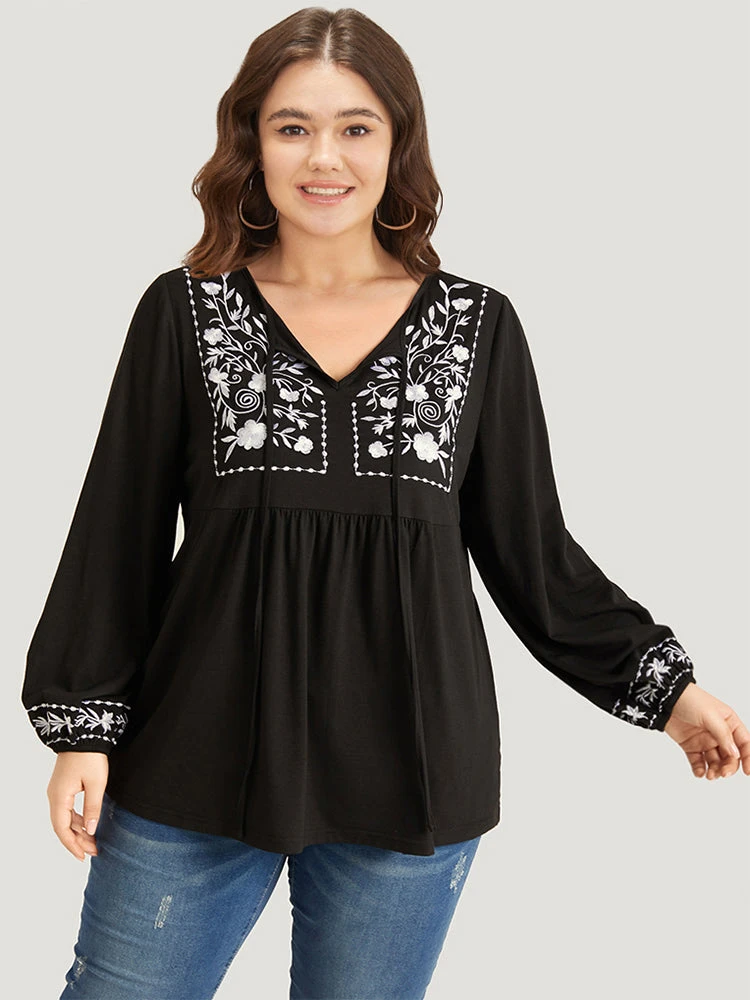 Floral Embroidered Knot Neck Lantern Sleeve T-shirt 3 Floral Embroidered Knot Neck Lantern Sleeve T-shirt