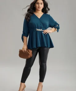 Plain Bowknot Ties Buckle Detail Wrap Blouse -Clothing Shop 391706710 lx