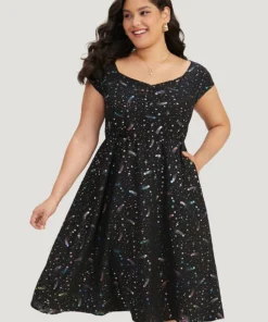 Star Glitter Pocket Ruched Square Neck Dress