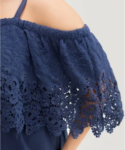 Plain Lace Trim Pocket Cold Shoulder Jumpsuit -Clothing Shop 393404122 ta