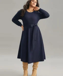 Solid Waffle Knit Round Neck Belted Dress
