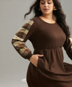Plaid Waffle Knit Elastic Waist Curved Hem Dress -Clothing Shop 394086754 sy