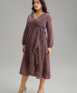 Plain Glitter Overlap Collar Ties Arc Hem Dress -Clothing Shop 394147140 bi