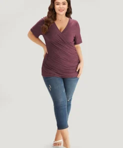 Solid Heather Overlap Collar Gathered T-shirt 36 Solid Heather Overlap Collar Gathered T-shirt -Clothing Shop 394271270 tw