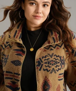 Boho Print Pocket Zipper Teddy Jacket -Clothing Shop 394372838 tp