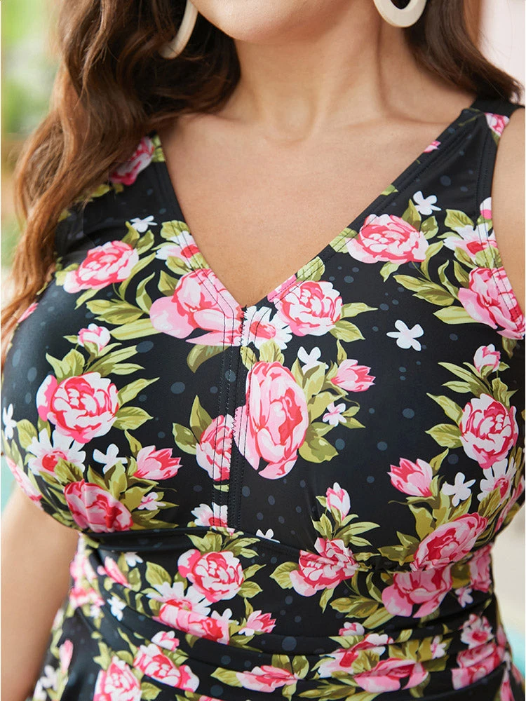 Floral Print V Neck Empire Waist Ruffle Hem Swim Dress 10 Floral Print V Neck Empire Waist Ruffle Hem Swim Dress - Image 8