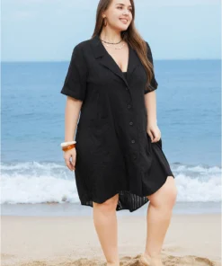 Solid Twist Back Pocket Asymmetrical Button Front Cover Up -Clothing Shop 395665024 ot