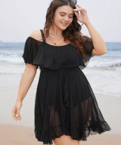 Plain Mesh Ruffle Trim Cold Shoulder Swim Dress -Clothing Shop 395760473 je