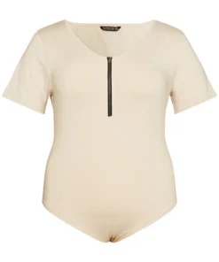 Plain Zipper Half Crew Neck Bodysuit -Clothing Shop 396168273 yc