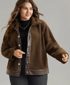 PU Leather Patchwork Metal Detail Teddy Jacket -Clothing Shop 396483289 rp