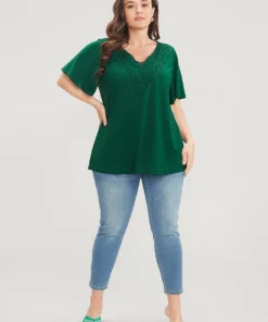 Solid Ruffle Sleeve Lace V Neck T-shirt -Clothing Shop 397975761 cf 88d17deb 1d86 4254 afc4 34cf5d7534bd