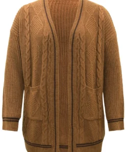 Plain Cable Knit Pocket Open Front Cardigan -Clothing Shop 398640520 al