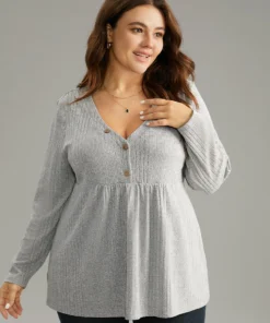 V Neck Texture Button Up Rib Knit T-shirt