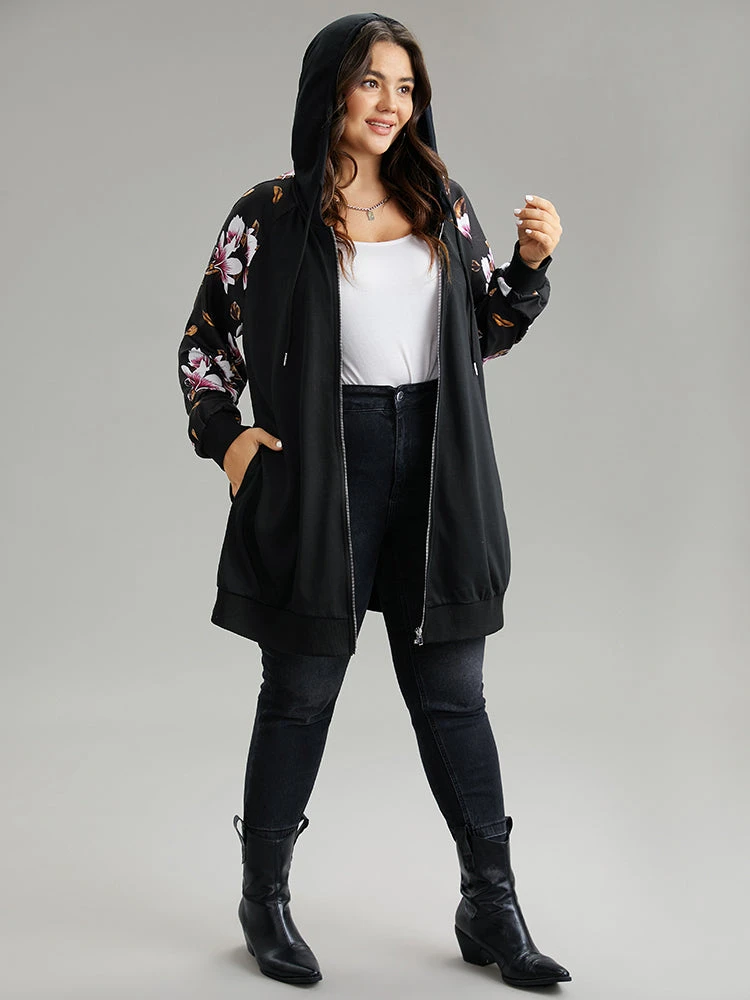 Floral Zipper Hooded Patchwork Raglan Sleeve Sweatshirt 6 Floral Zipper Hooded Patchwork Raglan Sleeve Sweatshirt - Image 4