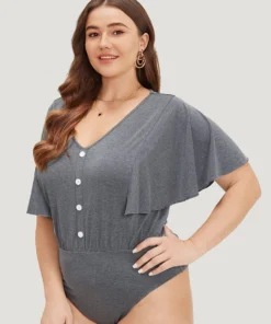 Plain Button Detail Flutter Sleeve Bodysuit -Clothing Shop 399338068 jq