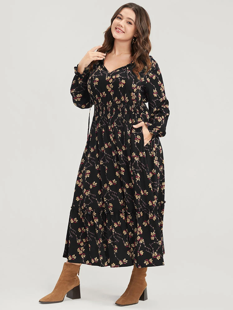 Floral Lantern Sleeve Pocket Tie Neck Shirred Midi Dress 4 Floral Lantern Sleeve Pocket Tie Neck Shirred Midi Dress - Image 2