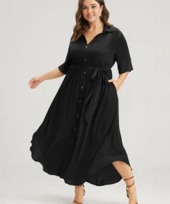 Solid Button Pocket Shirt Collar Belted Maxi Dress -Clothing Shop 3 ba6b93ce 5f66 404e bc22 a7195c1daf86