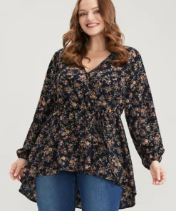 Floral Wrap Lantern Sleeve High Low Hem Blouse Without Hat -Clothing Shop 3 c19ec4ed 43b8 4f6b bc69 81e9e258ae6e