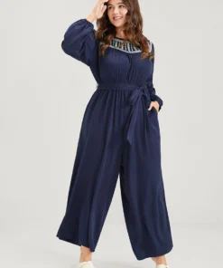 Solid Pocket Lantern Sleeve Embroidered Belted Jumpsuit -Clothing Shop 3 e8418a63 f8f2 491d 93b0 02b2910c38fc
