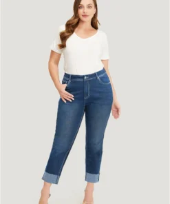 Straight Leg Very Stretchy High Rise Dark Wash Roll Hem Jeans -Clothing Shop 400006710 zc