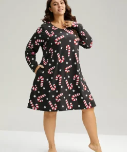 Christmas Candy Print Pocket Sleep Dress