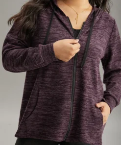 Solid Heather Pocket Hooded Zipper Sweatshirt -Clothing Shop 401121338 uh