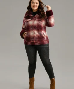 Plaid Patchwork Button Through Fuzzy Trim Woolen Jacket -Clothing Shop 401301117 cl