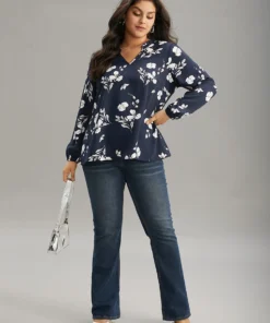 Silhouette Floral Print Ruffles Lantern Sleeve Blouse -Clothing Shop 401816234 xo