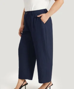 Plain Pocket Elastic Waist High Rise Pants -Clothing Shop 402486306 cx