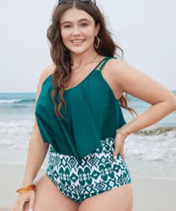 Geometric Patchwork Ruffle Trim One Piece Swimsuit -Clothing Shop 402769100 ju