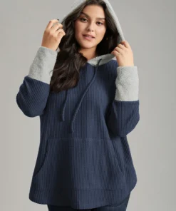 Waffle Knit Pocket Hooded Patchwork Sweatshirt -Clothing Shop 40298738 ji