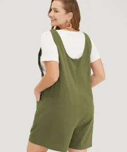 Solid Pocket Button Detail Knot Shoulder Overall Romper -Clothing Shop 403137778 mg