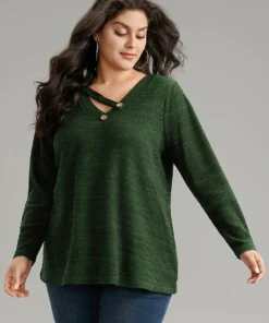 Solid Rib Knit Button Detail T-shirt -Clothing Shop 404148668 wj