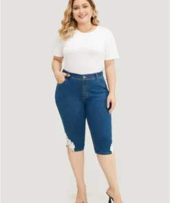 Very Stretchy High Rise Medium Wash Guipure Lace Knee Denim Shorts -Clothing Shop 40425548 ow 57389aa2 156d 4ded bb6f c64713728a86