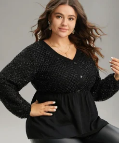 Glitter Mesh Patchwork Lantern Sleeve Blouse -Clothing Shop 407012785 us