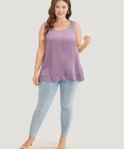 Plain Embroidered Scalloped Trim Tank Top -Clothing Shop 408599706 be