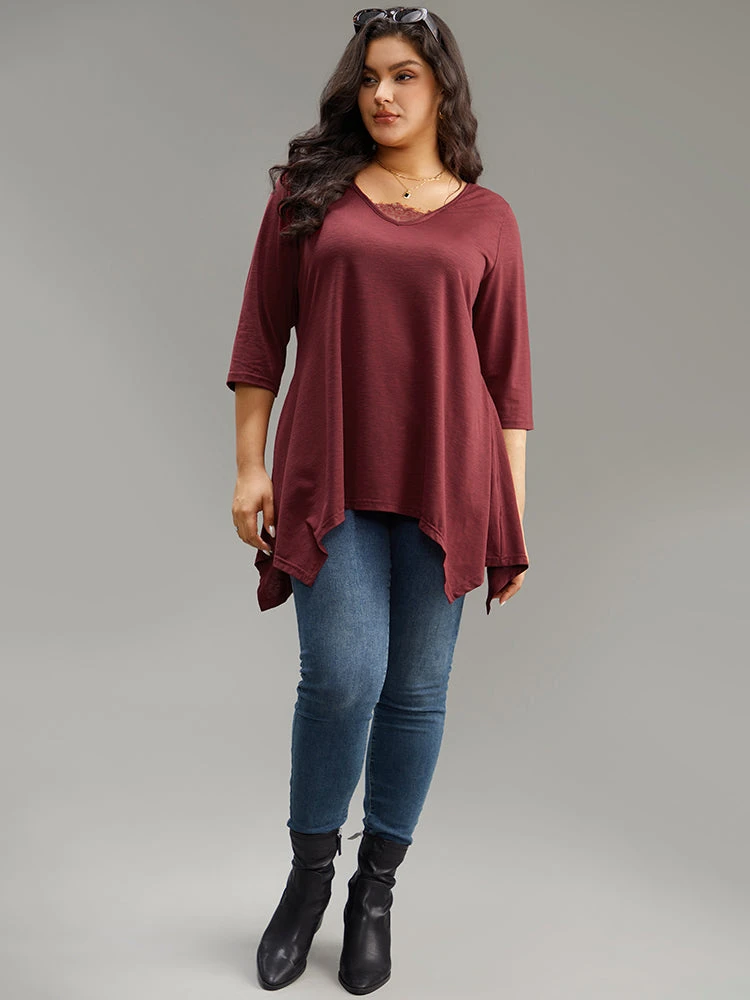 Solid Crochet Lace Mesh Hanky Hem T-shirt 6 Solid Crochet Lace Mesh Hanky Hem T-shirt - Image 4