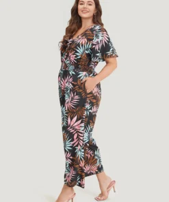 Tropical Print Knot Neck Shirred Wrap Jumpsuit -Clothing Shop 4089031 go