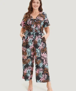 Tropical Print Knot Neck Shirred Wrap Jumpsuit -Clothing Shop 408924651 ne