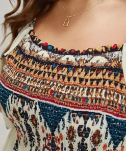 Bandana Print Square Neck Pocket Shirred Frill Trim Split Dress -Clothing Shop 409161380 qn